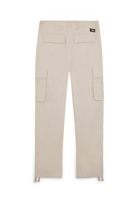 Beige cargobroek gemaakt van katoen, met twee grote zijzakken, achterzakken en enkelbinders. Gladde textuur met een rechte pijpdesign.