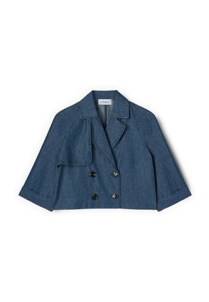 Dunkelblaue kurz geschnittene Jeansjacke mit weiten Ärmeln, doppelreihiger Knopfverschluss und breitem Reverskragen.