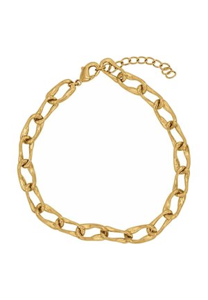 Bracelet chaîne ton or avec de grands maillons ovales texturés et fermeture à mousqueton réglable sur fond blanc.