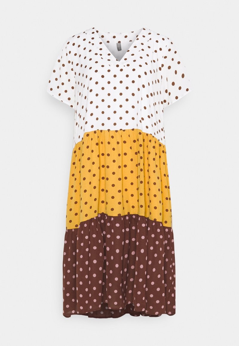 Robe manches courtes, longueur genou, avec col en V, présentant des blocs de couleurs blanc, jaune et marron décorés de pois.