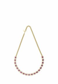 Gold chain necklace featuring rectangular purple gemstones surrounded by clear accents, designed in a symmetrical pattern.
