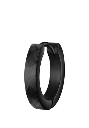 Zwarte ring met een matte afwerking en een geprofileerde zijkant met diamantvormen. Gladde textuur aan de ene helft en een iets ruwere oppervlakte aan de andere kant.