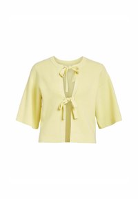 Cardigan a manica corta, aperto sul davanti, in maglia a coste di colore giallo chiaro, con due lacci al colletto e una silhouette rilassata.