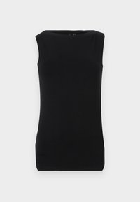 Black sleeveless top made of soft fabric, featuring a round neck and a fitted design with a smooth texture. No visible patterns or accents.