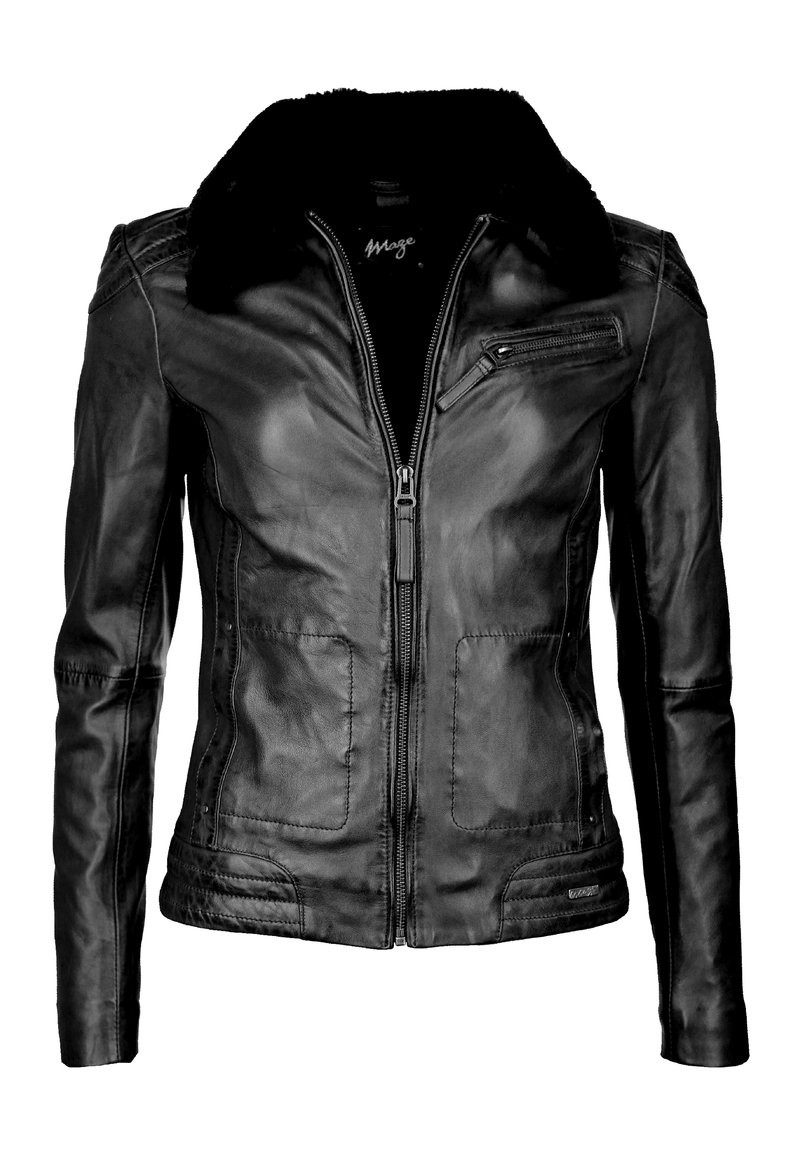 Schwarze Lederjacke mit Reißverschluss, flachem Kragen und Seitentaschen. Mit einer strukturierten Oberfläche und sichtbaren Nähten. Fächer auf der Brust.