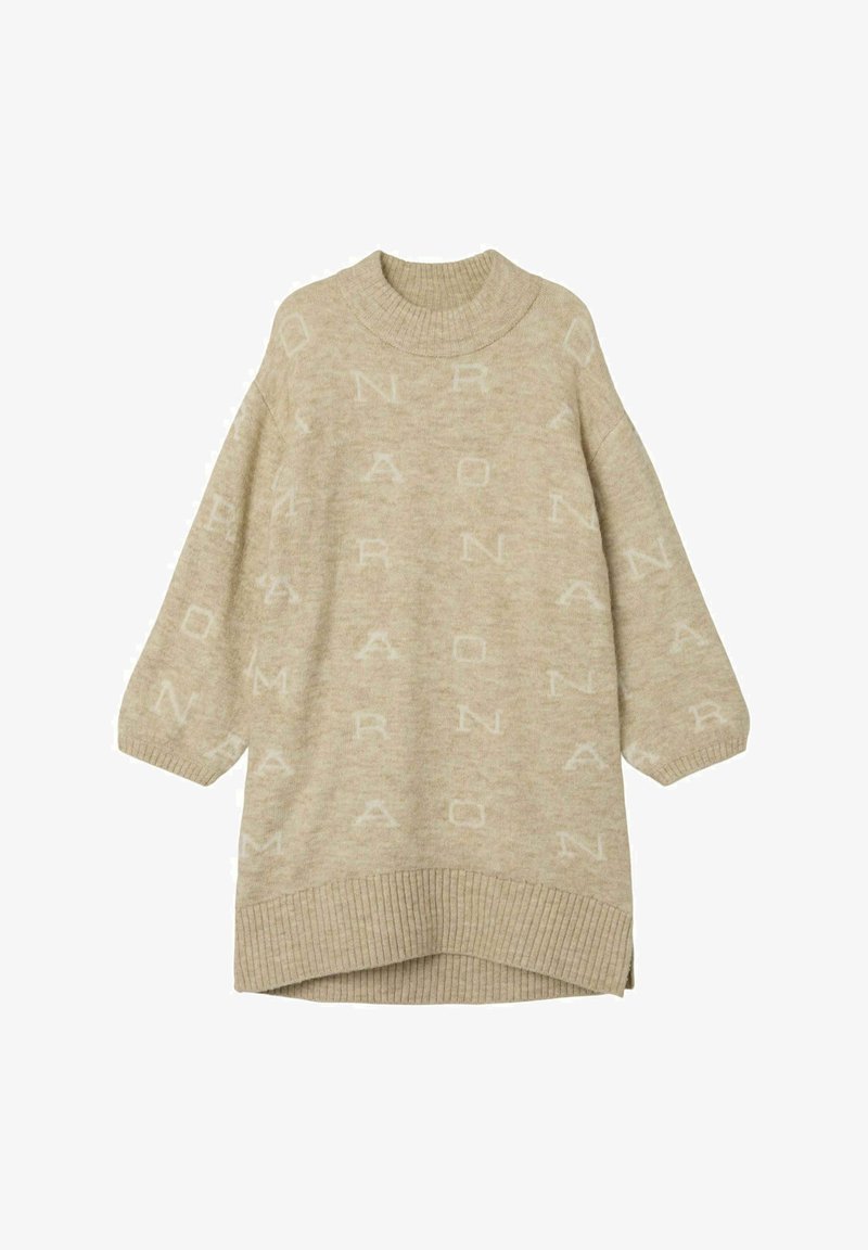 Bežni pleteni pulover z raglan rokavi, ki prikazuje vzorec svetlih črk. Ribo obroba na vratu in robu, stranski razpoki za udobno gibanje.