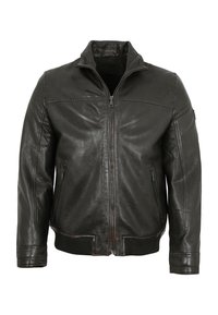 Schwarze Lederjacke mit Stehkragen, Frontreißverschluss und gerippten Bündchen sowie Saum. Verfügt über zwei seitliche Reißverschlusstaschen. Glatte Textur.