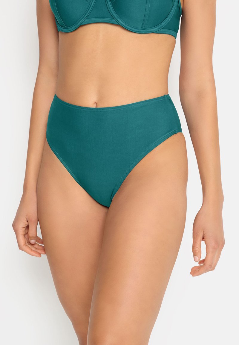 Turquoise high-waisted bikini bottom made of smooth fabric, featuring a clean design, full coverage, and a seamless finish.