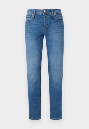 Blue denim jeans with a straight cut, featuring five pockets, a brass button closure, and subtle stitching details. Smooth texture.