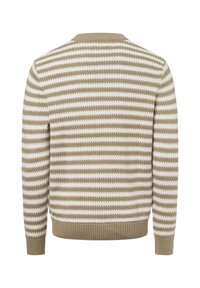 Beige und weiße gestreifte Strickjacke mit geripptem Halsausschnitt und Bündchen, mit einer strukturierten, weichen Oberfläche. Rückansicht gezeigt.