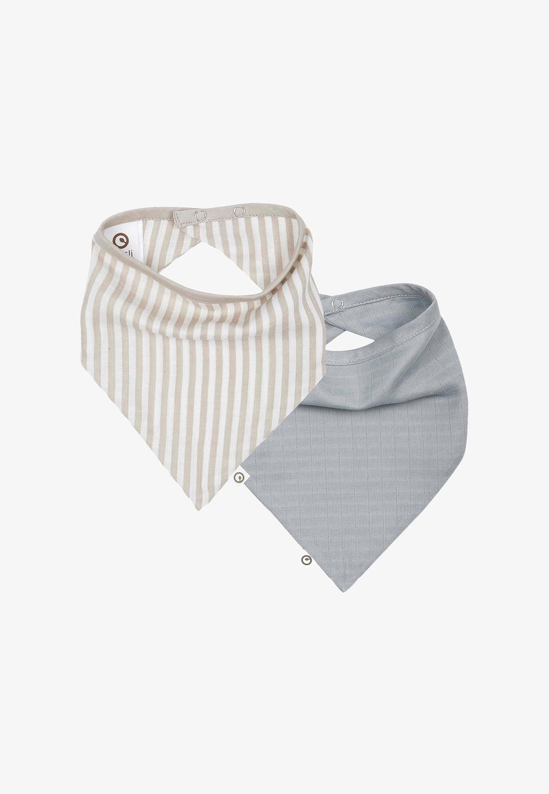 Two soft baby bandana bibs, one beige with white stripes and one solid light gray, each with snap closures.