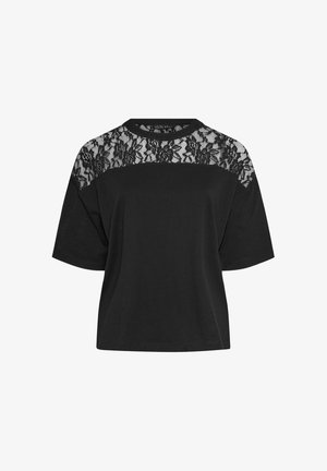 Schwarzes kurzärmeliges Oberteil mit floraler Spitzenpartie über den Schultern und dem oberen Brustbereich, Rundhalsausschnitt und lockerem Schnitt.