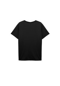Sort kortærmet t-shirt lavet af glat stof, med rund halsudskæring og uden synlige mønstre eller metaldele. Enkel, moderne snit.