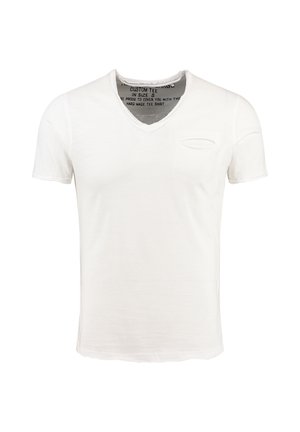 T-shirt bianco in cotone a maniche corte con scollatura a V e una piccola tasca sul lato sinistro. Tessuto morbido e design semplice, adatto per un abbigliamento casual.