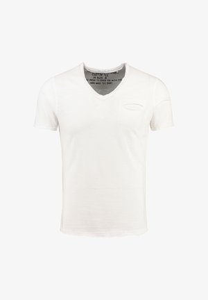 Witte katoenen T-shirt met korte mouwen, een V-hals en een klein zakje aan de linkerkant. Zachte textuur en een eenvoudig ontwerp, geschikt voor casual wear.