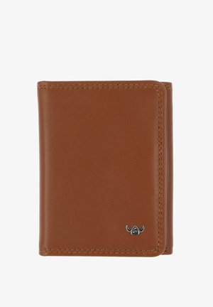 Portefeuille bifold en cuir marron avec bords cousus et petit emblème argenté en forme de casque viking dans le coin inférieur droit.
