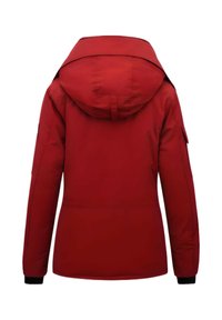 Rode waterdichte jas met capuchon, lange mouwen, elastische manchetten en een zak op de linkermouw. Glad oppervlak en aansluitend model.