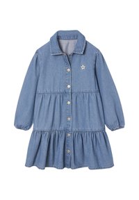 Jeanskleid mit Kragen, Knopfleiste, langen Puffärmeln und einem gestuften Rockdesign mit gesticktem Blumendetail.