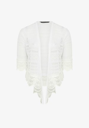 Witte, open-voren gehaakte cardigan met driekwartmouwen en geschulpte kanten randen.