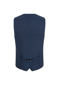 Granatowa kamizelka w kratę o dopasowanym kroju, z dwoma guzikami z tyłu i gładką fakturą. Wzór w kratę zawiera jasnoniebieskie linie.