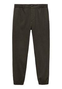 Donkergroene broek met een elastische tailleband, taps toelopende pijpen, een gladde textuur en een minimalistisch ontwerp met een enkele knoop aan de voorkant.