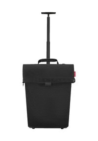 Borsa da viaggio nera con texture a rete, forma rettangolare, maniglia superiore e manico estraibile. Caratterizzata da una cerniera e una tracolla regolabile.