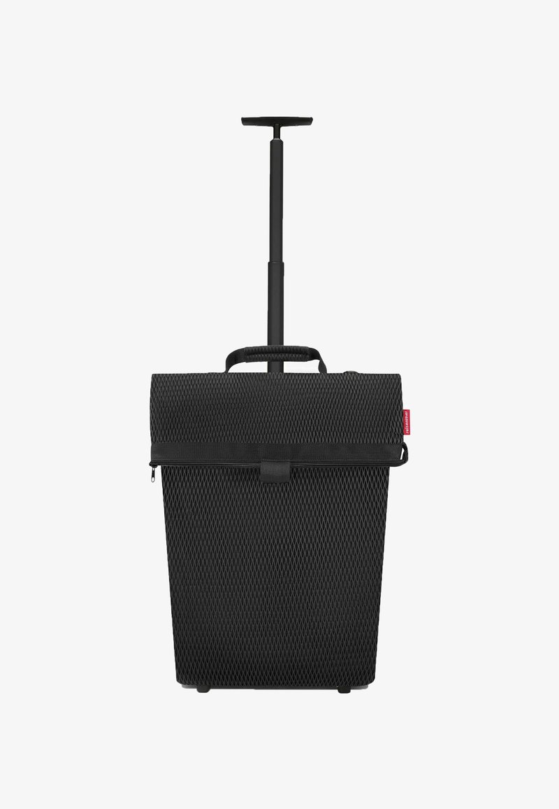 Borsa da viaggio nera con texture a rete, forma rettangolare, maniglia superiore e manico estraibile. Caratterizzata da una cerniera e una tracolla regolabile.