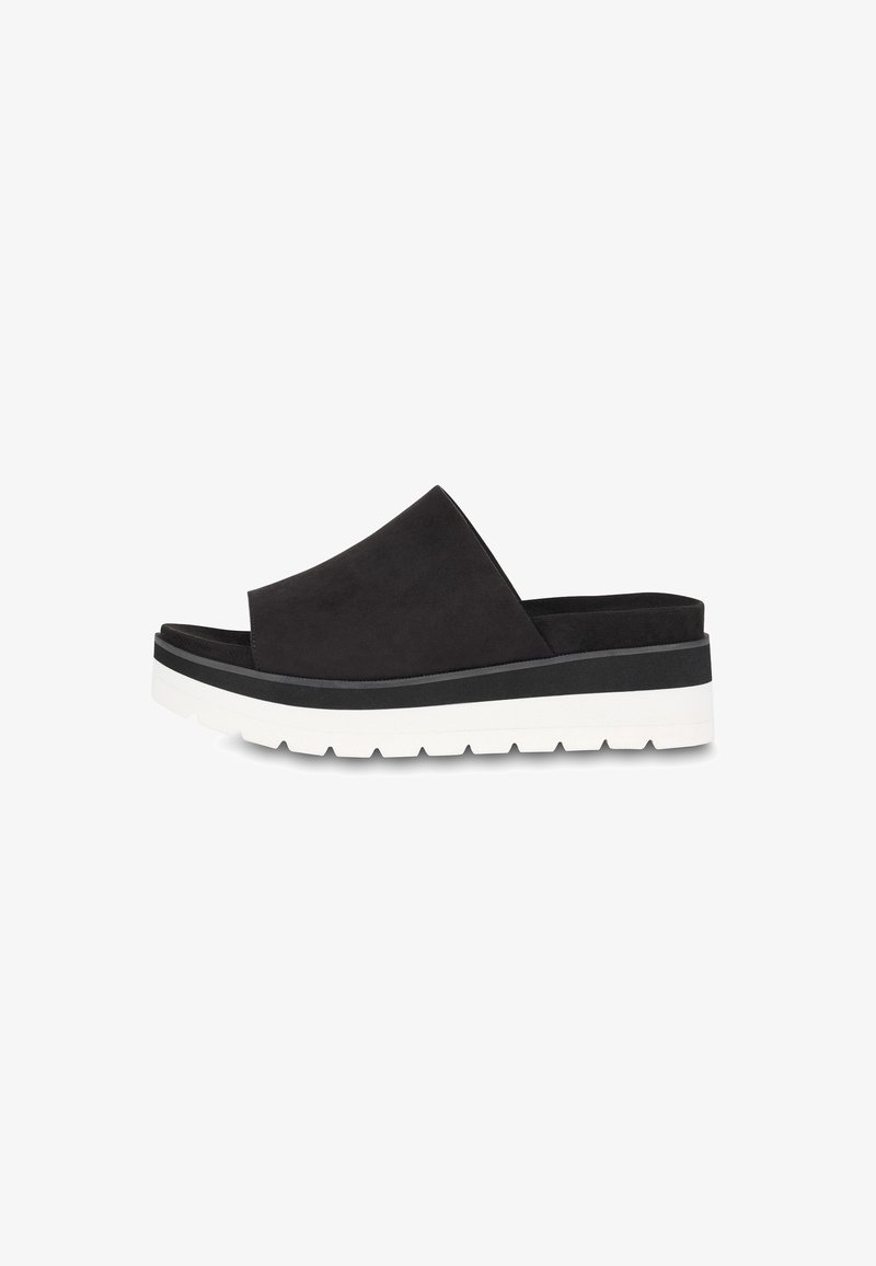 Sandales slides en daim noir avec une large bride supérieure, une semelle plateforme blanche épaisse et un accent en caoutchouc noir à la base.