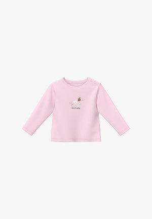 Jasnoróżowa, długorękawowa koszulka dla niemowląt z motywem kwiatów i pszczół oraz napisem "Bądź szczęśliwa jak pszczółka", z zatrzaskami na ramieniu.