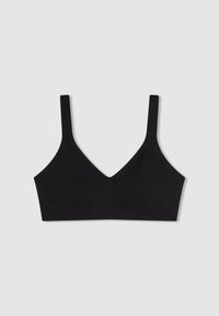 Reggiseno wireless nero con scollatura a V, spalline larghe e design senza cuciture. Realizzato in un morbido tessuto elasticizzato adatto a diverse taglie.