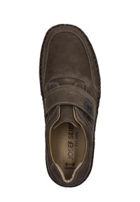 Brown suede shoe with a Velcro strap, perforated design near the toe, and tan interior. Lightweight sole with visible stitching accents.