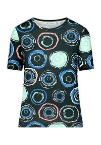 Black short-sleeve shirt featuring a pattern of circular designs in shades of blue, pink, and teal with textured outlines.