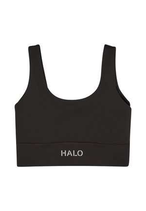 Sort sports-bh med brede stropper og "HALO" trykt i hvidt på den nederste bånd, vist på hvid baggrund.