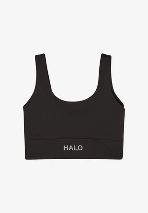 Black sports bra with wide straps and "HALO" printed in white on the bottom band, displayed on a white background.