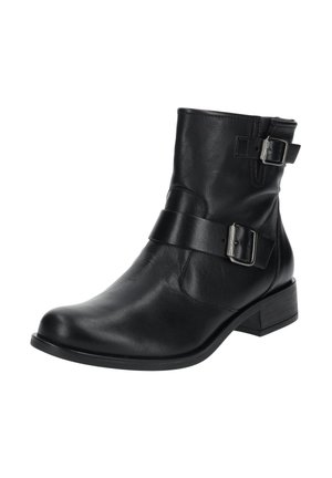 Botine negre din piele, cu vârful rotund, toc mic pătrat, accente cu două catarame și textură netedă. Închidere cu fermoar pe lateral.