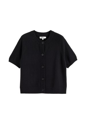Cardigan noir à manches courtes en tissu doux, avec un col rond, des poignets côtelés et une fermeture à bouton avec six boutons.