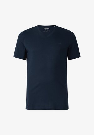 Marineblaues, kurzärmliges V-Ausschnitt-T-Shirt aus Baumwolle mit dezentem Logo auf der linken Brust, dargestellt auf weißem Hintergrund.