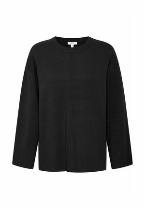 Schwarzer Strickpullover mit rundem Ausschnitt, drei Viertelärmeln und einer dezent strukturierten Oberfläche; verfügt über ein zentrales Nahtdetail.