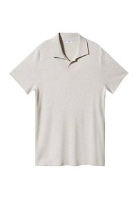 Polo à manches courtes en beige clair, fabriqué à partir d'un tissu tricoté doux. Doté d'un col côtelé et d'une coupe décontractée. Design classique.