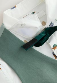 Col blanc en tissu blanc avec des accents en tissu vert, présentant un motif de petits animaux et de plantes. Ruban en velours vert avec un système de fermeture en Velcro noir.