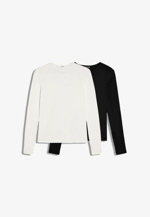 To langærmede crew neck-trøjer, den ene hvid foran og den anden sort delvist synlig bagved, vist på en hvid baggrund.