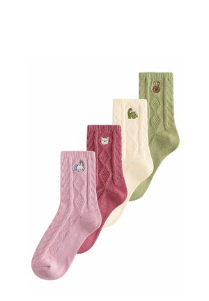 Cuatro pares de calcetines en rosa, burdeos, crema y verde. Cada uno presenta un diseño de punto texturizado con motivos de animales bordados.