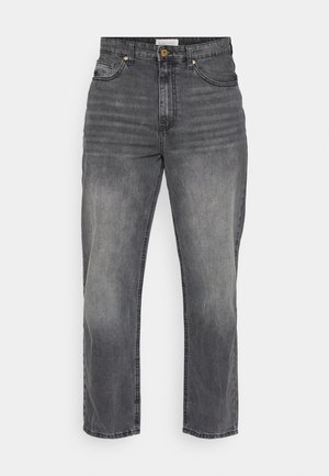 Jeans in denim grigio con un design a gamba dritta, caratterizzati da una finitura scolorita, tasche anteriori e chiusura con bottone. Cuciture semplici e dettagli dell'orlo.