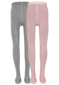 Grå og rosa ribbede strømpebukser med en myk tekstur, elastisk livlinje og sømløst tådesign. Hvert par har en blank finis.