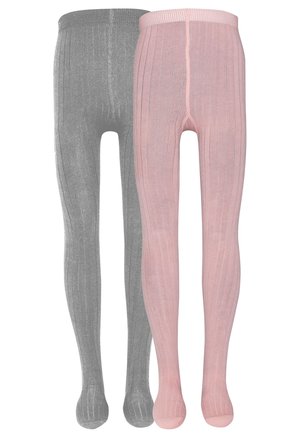 Grå og rosa ribbede strømpebukser med en myk tekstur, elastisk livlinje og sømløst tådesign. Hvert par har en blank finis.