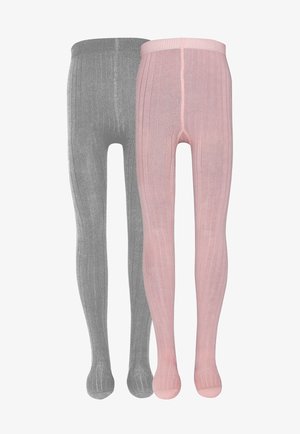 Gray and pink ribbed tights, featuring a soft texture, elastic waistband, and seamless toe design. Each pair has a shiny finish.