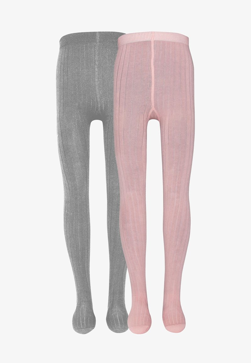 Szare i różowe rajstopy w prążki, z miękką teksturą, elastycznym pasem i bezszwowym wykończeniem palców. Każda para ma błyszczące wykończenie.