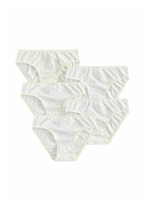 Pak van vijf katoen slipjes voor vrouwen met een mix van kleine bloemmotieven in pastelkleuren op een witte achtergrond, met zachte elastische taillebanden.