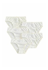 Viie naiste puuvillaste aluspükste komplekt, millel on erinevad väikeste lillede mustrid pastelses toonis valgel taustal ja pehmed elastsed vööd.