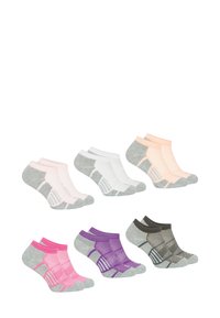 Chaussettes basses colorées avec des designs gris, rose, blanc, beige et violet, dotées d'un motif texturé et de semelles rembourrées. Six paires exposées.